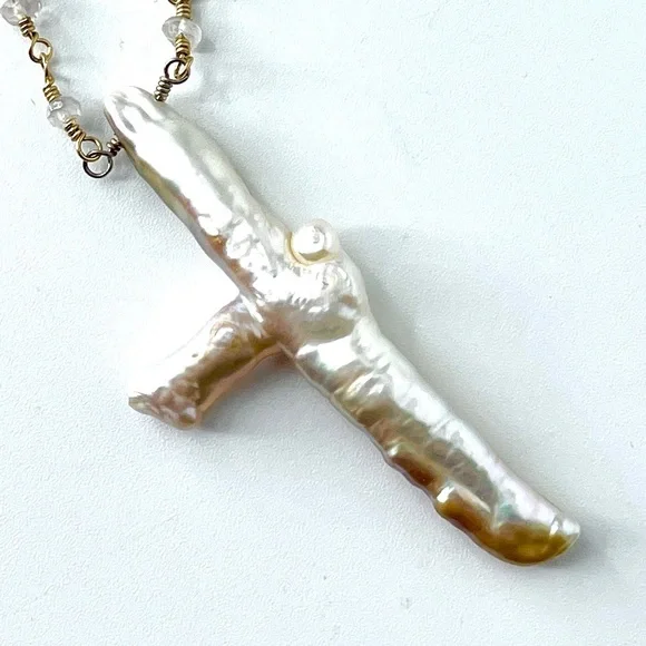 Blush Pink Gemstone 14k Gold Filled Multistrand Necklace, Baroque Pearl Cross - Picture 4 of 7